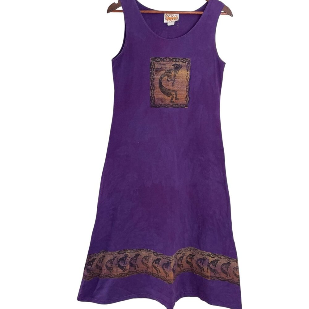 Vintage 90s Kokopelli Printed Midi Sun Dress Small S Purple Batik Bohemian
